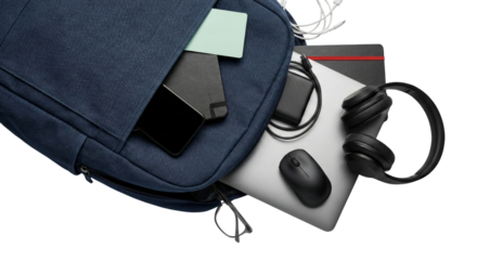 Open blue backpack showcasing modern technology accessories, isolated for versatile creative