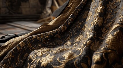 Closeup of luxurious black and gold damask fabric with intricate floral patterns, showing texture and folds
