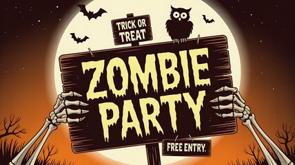 Cartoon Zombie Party Sign with Skeleton Hands and Owl
