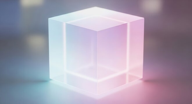 Translucent geometric shape emits soft, multicolored luminescence in a minimalist setting