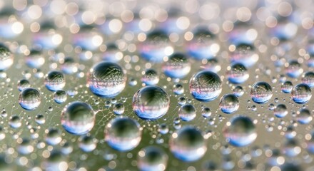 Countless spherical liquid droplets cling to a fine, webbed surface under bright light