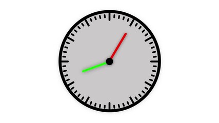 Simple Clock Face with Gray Dial and Red and Green Hands on animation White Background. Animated gray clock face with red and green hands, perfect for time displays, watch graphics, and UI animations.