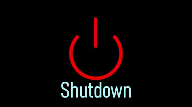 Animated red power button with "Shutdown" symbol, perfect for computer systems, tech dashboards, and UI visuals. Red Power Button Symbol with " Shutdown" Text on Black Background .
