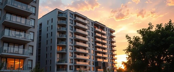 Modern luxury apartment building exterior at sunset, investment, skyscraper