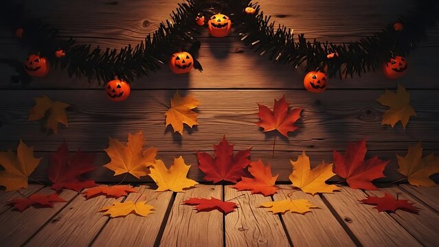Spooky Halloween background with a garland of glowing jack-o'-lanterns and colorful autumn maple leaves scattered on a rustic wooden floor