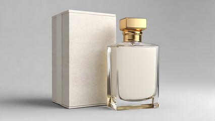 Elegant clear glass perfume bottle with a golden cap and a matching light-colored box on a clean background.