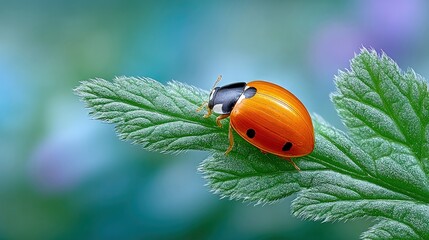 A close-up macro shot of a bright orange ladybug with black spots resting on a textured green leaf. The background is softly blurred with bokeh in shades of blu