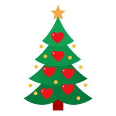 Christmas Tree Decorated with Red Hearts and Gold Light 