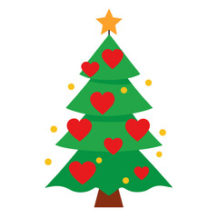 Christmas Tree Decorated with Red Hearts and Gold Light 