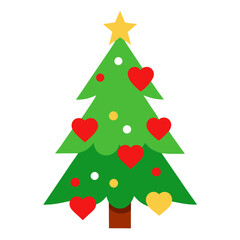 Christmas Tree Decorated with Red Hearts and Gold Light 