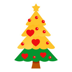Christmas Tree Decorated with Red Hearts and Gold Light 