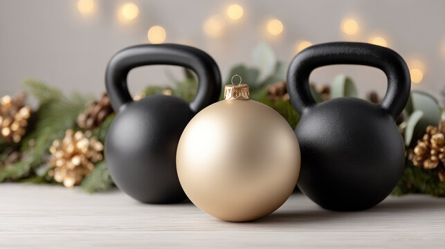 Festive kettlebells with golden Christmas ornament and pine decorations create unique holiday fitness theme