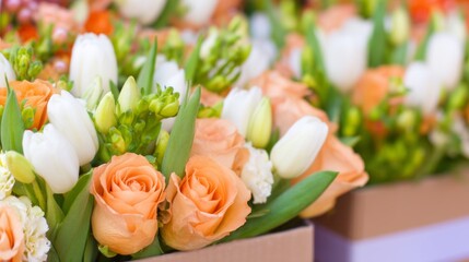 Freshly picked roses and tulips create stunning bouquets in soft pastel colors. These floral arrangements bring joy and beauty to a lively spring market filled with cheerful visitors