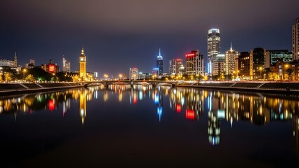 Illuminated melbourne cityscape reflecting in the yarra river at night