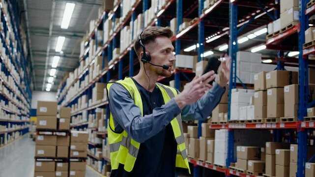 In a large warehouse, man worker wearing a headset walks through aisles, checking inventory on a device. He interacts with colleagues to coordinate tasks and ensure smooth operations.