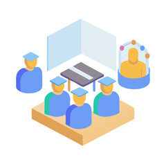 Isometric view of graduating students with professor in online classroom
