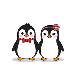 Cute cartoon penguin couple holding hands in love.