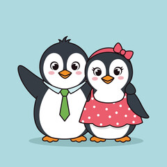 Cute cartoon penguins couple in love with a pink bow and tie.