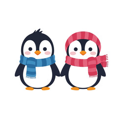 Naklejka premium Cute cartoon penguins wearing winter scarves and hats.