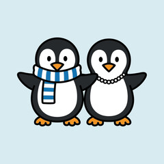 Cute cartoon penguins couple illustration.