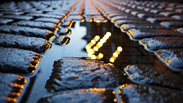 Hanukkah lights reflected in puddles on a cobblestone street.
