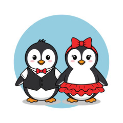 Cute penguin couple in formal attire ready for a special occasion.