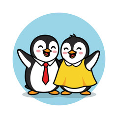 Two adorable cartoon penguins happily embracing each other.