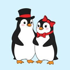 Adorable cartoon penguin couple dressed in a top hat and bow.