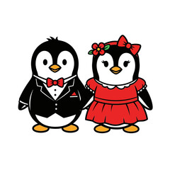 Adorable cartoon penguin couple dressed in formal wedding attire.