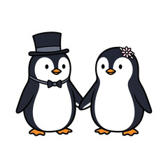 Adorable penguin couple holding hands on their wedding day, lovely cartoon.