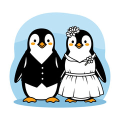 Adorable Penguin Couple Dressed in Wedding Attire.