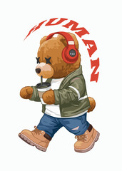 Tough stylized teddy bear character walking in urban outfit, holding coffee cup with