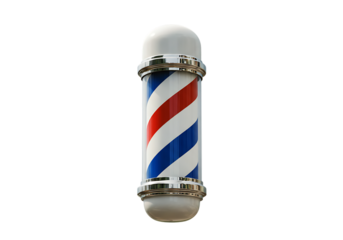 Iconic barber pole spins with classic red blue white charm