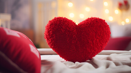 Red heart pillow on sofa in living room. Valentine's day conceptRed heart and love on handsRed heart


