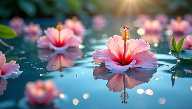 Pink Hibiscus Flowers Floating on Water at Sunset