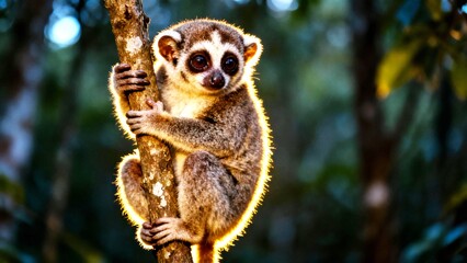 Obraz premium Premium wildlife shot of a Javan slow loris illuminated by soft dusk lighting.