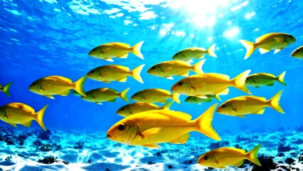 Fototapeta premium Underwater wildlife image capturing a school of yellow fusiliers in pristine tropical water.