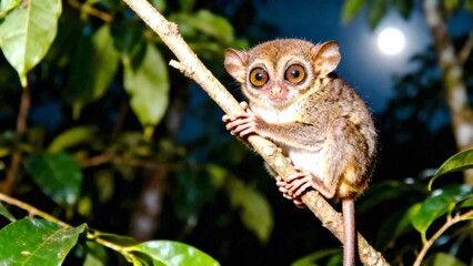 Obraz premium Detailed portrait of Tarsius spectrum with expressive eyes in a natural night setting.