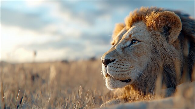 Close-up of a majestic male lion with a golden mane, resting in a dry grass field during sunset. The background shows a hazy sky with clouds and distant wildlif