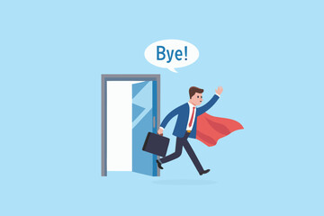 Businessman with cape leaving office waving goodbye and carrying briefcase