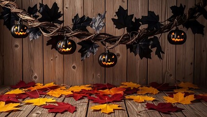 Rustic wooden background for Halloween featuring spooky glowing jack-o'-lanterns and vibrant autumn leaves, creating a festive atmosphere