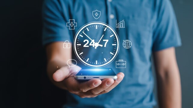 Person holds a smartphone displaying a glowing holographic clock indicating round the clock availability surrounded by service icons