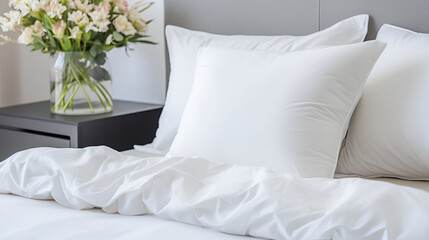 A well-designed bedroom featuring a stylish bed with a tufted headboard, complemented by elegant bedside lamps and a minimalist decor.Peaceful bedroom with natural light and clean colors

