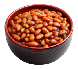 Cooked baked beans in tomato sauce served in dark red ceramic bowl, isolated on transparent background
