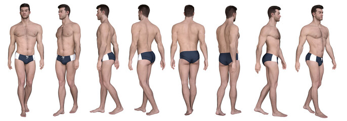 3D Render : walking young handsome muscular man character wearing blue swimming trunks  and cross his arms in different angles, isolated, PNG transparent,for graphic resources