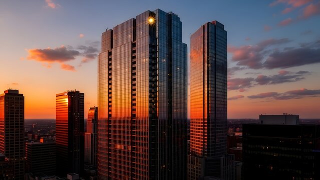 Modern city skyline at sunset with warm light reflecting off buildings - Powered by Adobe