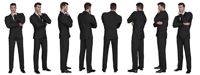 3D Render : thinking young handsome business man character wearing suit in different angles, isolated, PNG transparent,for graphic resources