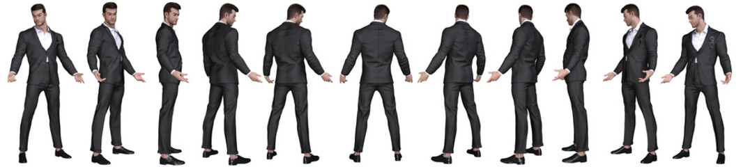 3D Render : standing young handsome business man character wearing suit in different angles, isolated, PNG transparent,for graphic resources