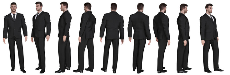 3D Render : standing young handsome business man character wearing suit in different angles, isolated, PNG transparent,for graphic resources