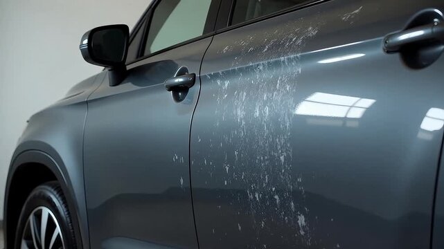 Car door being cleaned with a pressure washer for a spotless finish, showing the process of automotive detailing in a modern garage setting